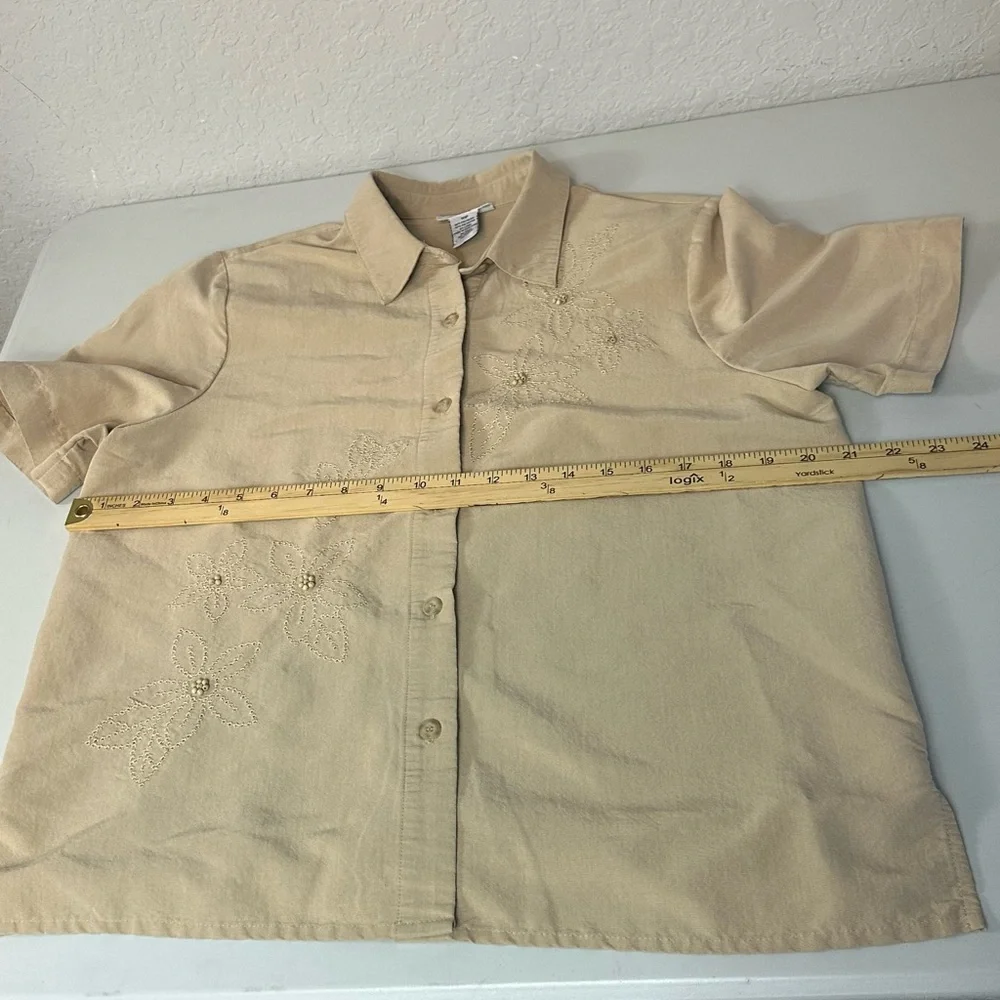 Vintage Alfred Dunner Linen Blend Embroidered Floral Beaded Button Down Size 10P